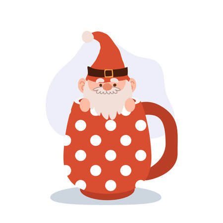 Adorable cartoon Christmas gnome inside a festive mug, perfect for holiday season decor and Christmas artworkのイラスト素材