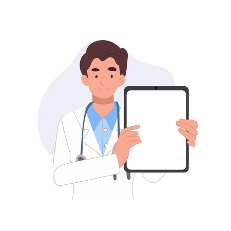 male doctor holding tablet displaying medical results for health diagnostics and consultationのイラスト素材