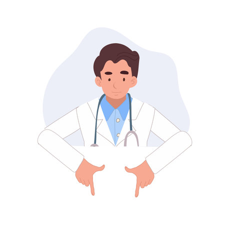male doctor pointing in medical presentation, healthcare expert explaining conceptsのイラスト素材