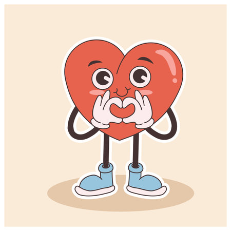 groovy heart character for Valentines day illustration. Retro cartoon style valentines day.のイラスト素材