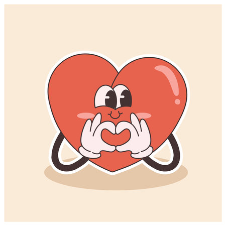 groovy heart character for Valentines day illustration. Retro cartoon style valentines day.のイラスト素材