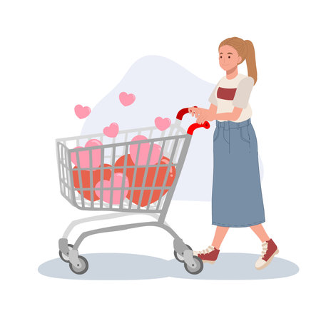 love concept valentine's sale with heart shaped cart filled with gifts and heartsのイラスト素材