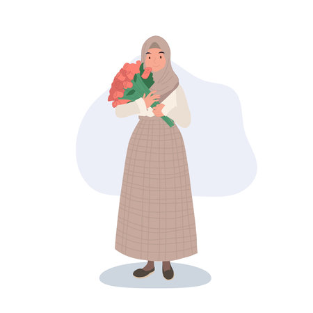 woman holding a beautiful rose bouquet celebrating love on valentineâs dayのイラスト素材