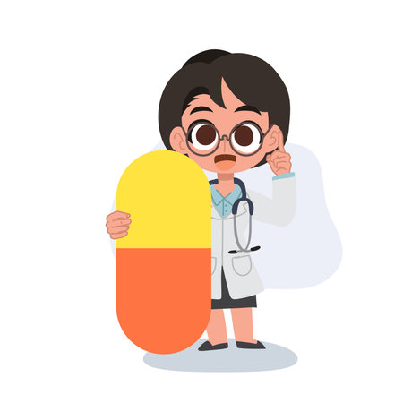 Friendly female doctor illustration explaining medication safety and pharmaceutical careのイラスト素材