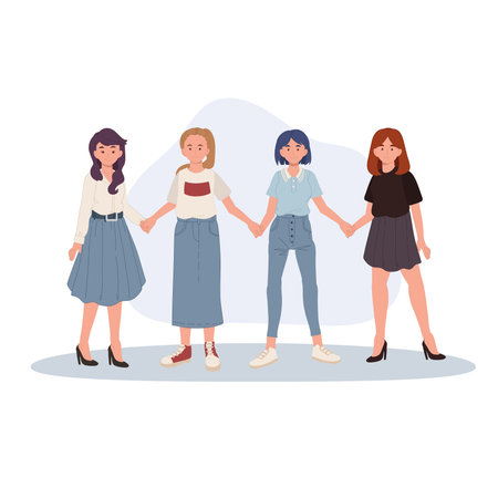 women standing together hand in hand showing support and friendship cartoon designのイラスト素材