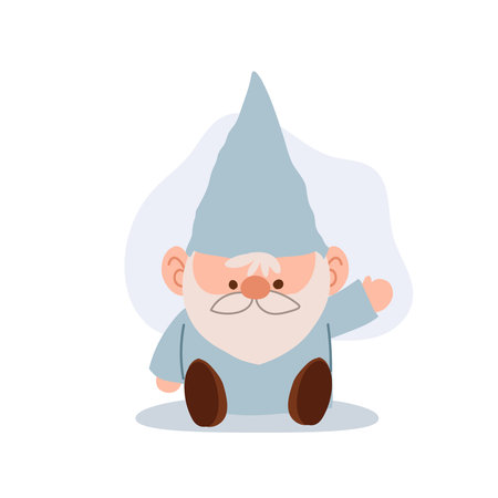 cute sitting gnome character in light blue outfit waving hand vector for kids and fairytale artのイラスト素材