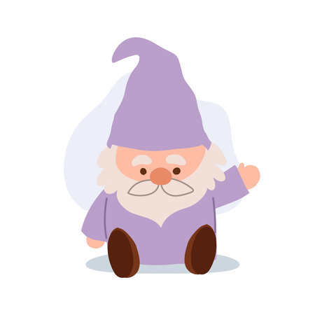 cute sitting gnome character in pastel purple outfit waving hand vector for kids and fairytale artのイラスト素材