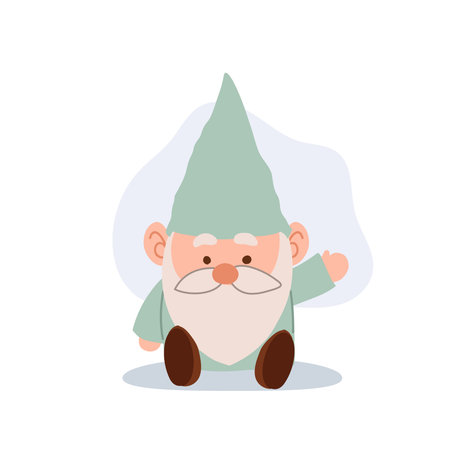 cute sitting gnome character in mint green outfit waving hand vector for kids and fairytale artのイラスト素材