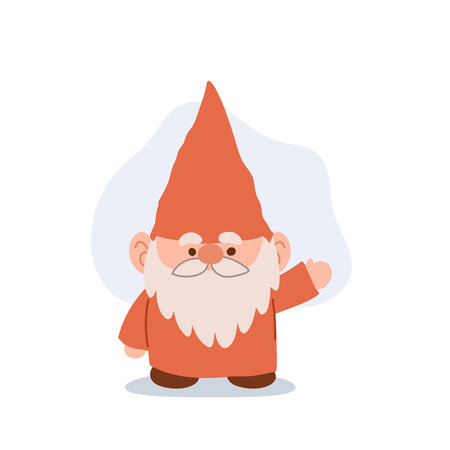 waving cartoon gnome in red costume flat vector for fairytale or fantasy story illustrationsのイラスト素材