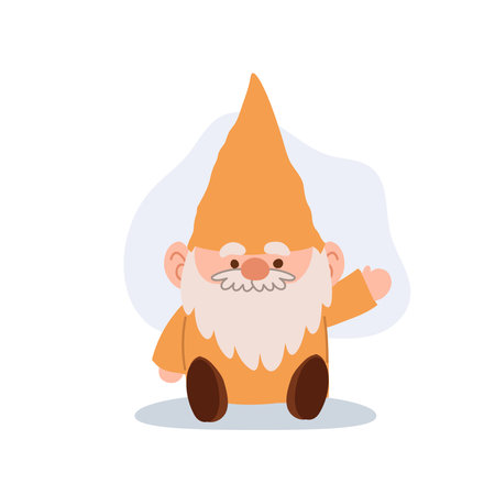 cute sitting gnome character in yellow outfit waving hand vector for kids and fairytale artのイラスト素材