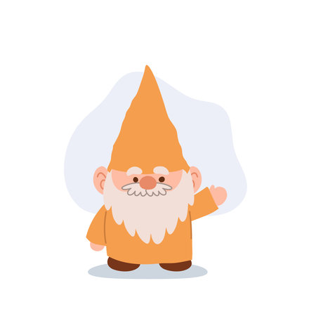 waving cartoon gnome in yellow costume flat vector for fairytale or fantasy story illustrationsのイラスト素材