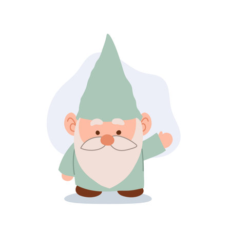 waving cartoon gnome in mint green costume flat vector for fairytale or fantasy story illustrationsのイラスト素材
