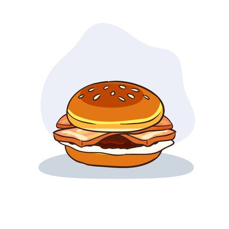 tasty bacon and egg burger with grilled beef patty and sesame bun food vector design in cartoon styleのイラスト素材