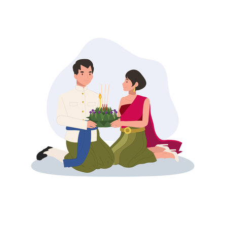 thai cultural festival scene with couple kneeling in traditional attire holding krathong for loy krathong celebration in thailandのイラスト素材
