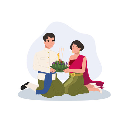 thai cultural festival scene with couple kneeling in traditional attire holding krathong for loy krathong celebration in thailandのイラスト素材