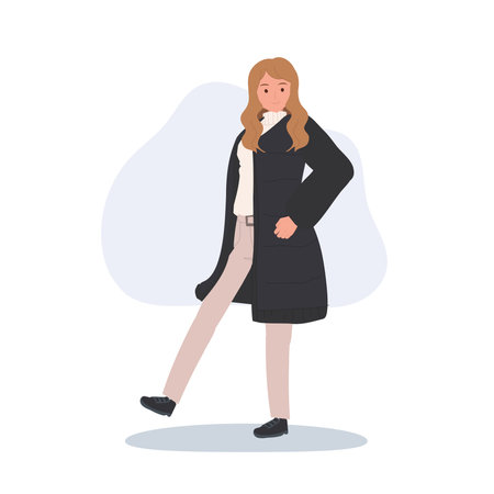 winter fashion long coat stylish woman walking pose in casual winter outfit cold weather clothing lifestyleのイラスト素材