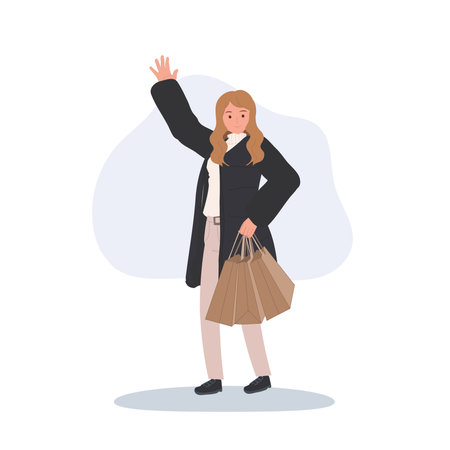 stylish female shopper waving hand with paper bags in cold weather clothing modern fashion and retail lifestyle conceptのイラスト素材