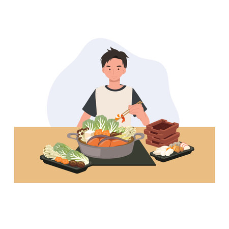 man enjoying japanese shabu shabu hotpot with sliced meat vegetables and seafood cooking at table for a cozy asian dining experienceのイラスト素材