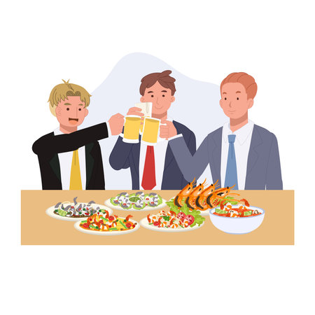 group of businessmen toasting beer and sharing seafood dishes during office party in friendly atmosphereのイラスト素材