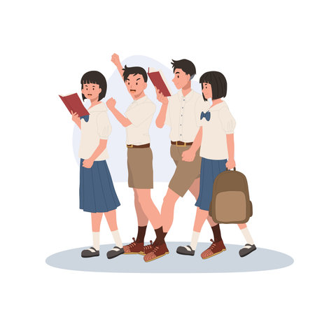 asian students in school uniform walking together and reading books representing education friendship and academic teamworkのイラスト素材