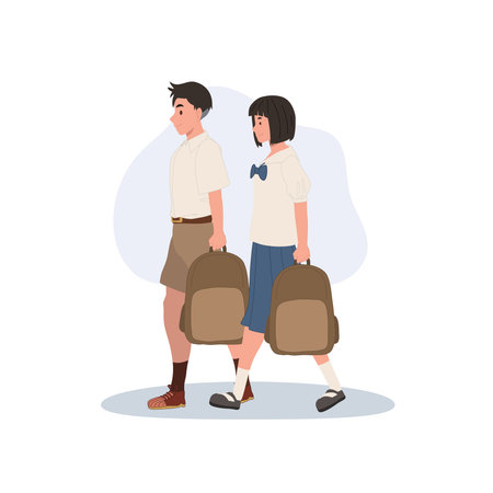 boy and girl students in uniform walking to school together holding brown backpacksのイラスト素材