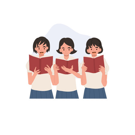 three teenage asian schoolgirls in uniform holding books and studying together in group learning and friendshipのイラスト素材