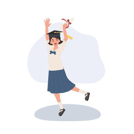 graduation girl asian student in school uniform with cap and diploma jumping in celebration education success and achievementのイラスト素材