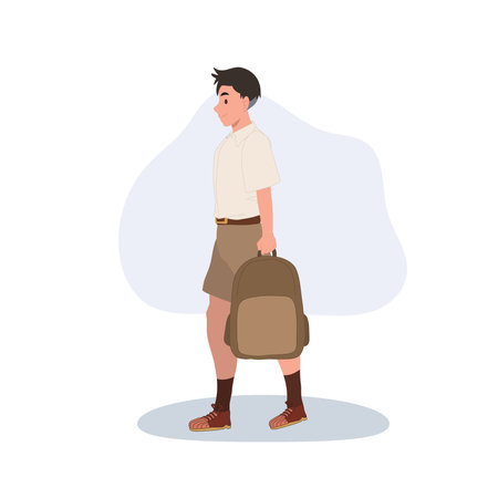 teenage asian student boy carrying school bag while walking in uniformのイラスト素材