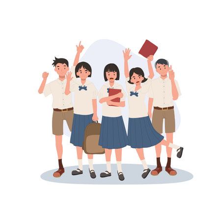 asian school students group illustration boys and girls in uniform holding books and backpack raising handsのイラスト素材