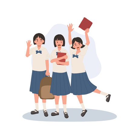 happy asian students in school uniform standing together with books waving hand and showing friendship bondのイラスト素材
