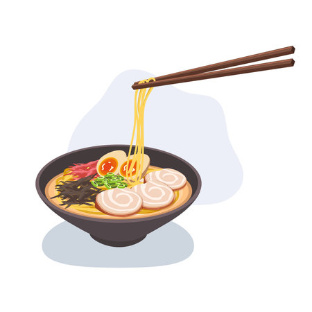 Japanese ramen bowl with noodles lifted by chopsticks, chashu pork, soft-boiled eggs, seaweed, ginger, and green onions.のイラスト素材