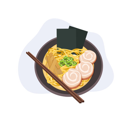 top view  of a japanese ramen bowl with noodles pork chashu seaweed and chopsticksのイラスト素材