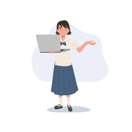 student schoolgirl in thai uniform using laptop for online learning and education illustrationのイラスト素材