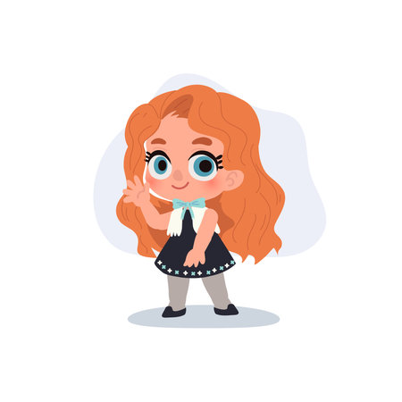Cute girl with red hair and big eyes waves handのイラスト素材