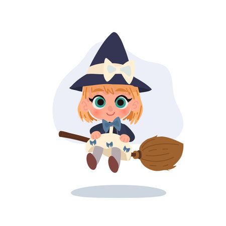 A cute cartoon witch with bright eyes riding a broomstick. magical girl chibi witchのイラスト素材