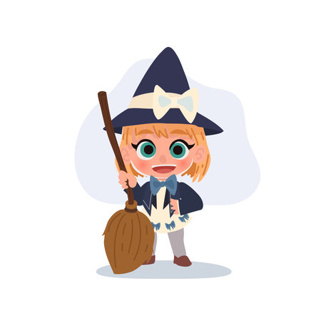 a young girl dressed as a witch holding a broom smiling in halloween costume illustrationのイラスト素材