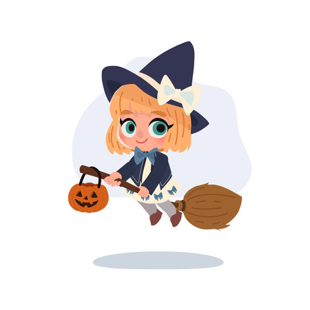 witch illustration cute witch flying with broom and pumpkin lantern cartoon halloween character designのイラスト素材