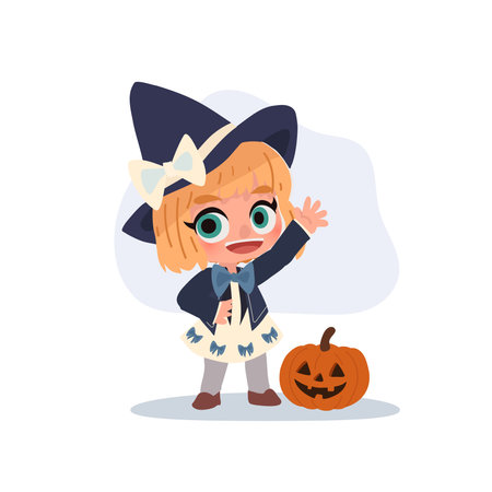 a cute girl in witch costume with pumpkin jack o lantern for halloween party celebration in octoberのイラスト素材