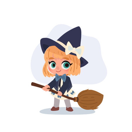 a cute little witch girl holding a broom wearing a hat with bow created as a cartoon fantasy character for halloweenのイラスト素材