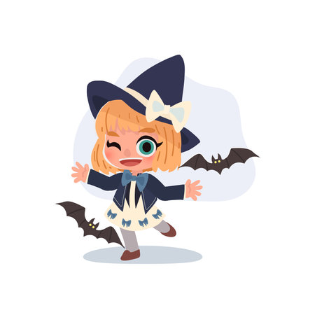 a cute witch girl in halloween costume with bats around her. perfect for halloween party and seasonal designのイラスト素材
