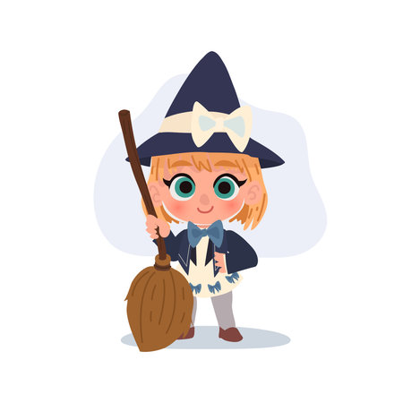 kawaii cartoon witch girl with big hat and broom halloween child characterのイラスト素材