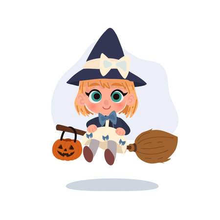 a cute little witch girl in costume rides a broomstick with a pumpkin for halloween october night celebrationのイラスト素材