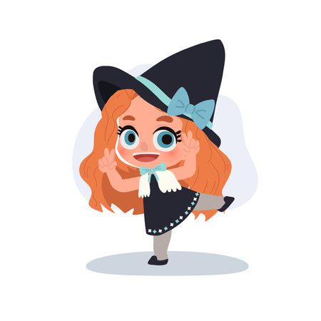 little girl dressed as a witch for halloween wearing a big hat and bow smiling playfully characterのイラスト素材