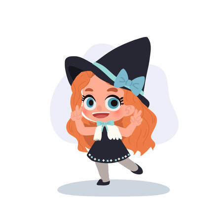 adorable halloween witch girl illustration smiling child character in costume with big hat and bowのイラスト素材