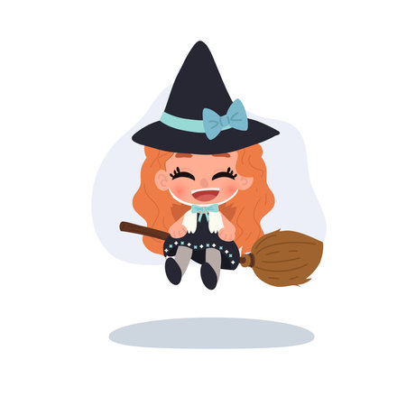 happy young witch girl in cute cartoon style flying on broomstick halloween nighのイラスト素材
