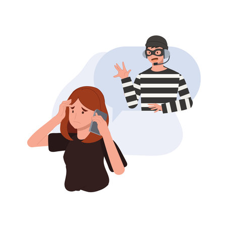worried woman receiving fraudulent call from scammer in striped shirt concept of telephone fraud and cyber crimeのイラスト素材