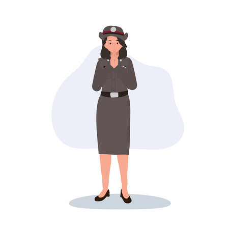 female thai police officer standing and greeting in official uniform showing respect and tradition in thailand cultureのイラスト素材
