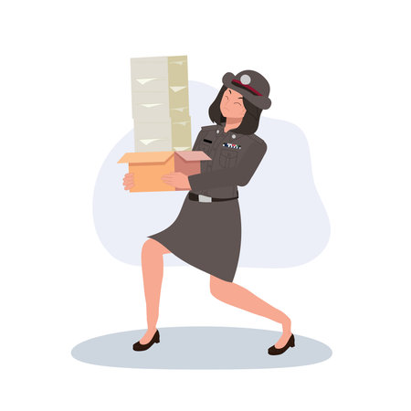 Thai female police officer carrying heavy folders and boxes. representing workload and dedication in thai law enforcement jobのイラスト素材