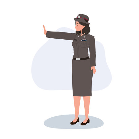 traffic policewoman in official uniform signaling stop gesture. law enforcement and road safety contentのイラスト素材