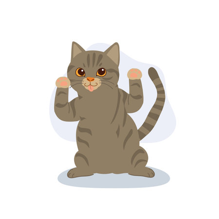 happy gray tabby kitten with raised paws adorable american shorthair character for kids design and animal clipart collectionsのイラスト素材